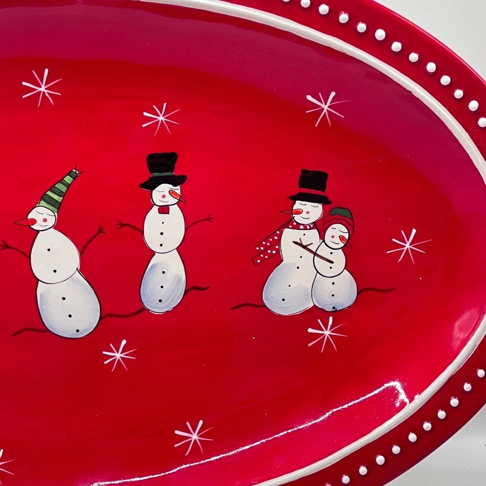 Foreside Red Snowman Ceramic Oval Serving Platter Holiday Christmas Dish 18 in